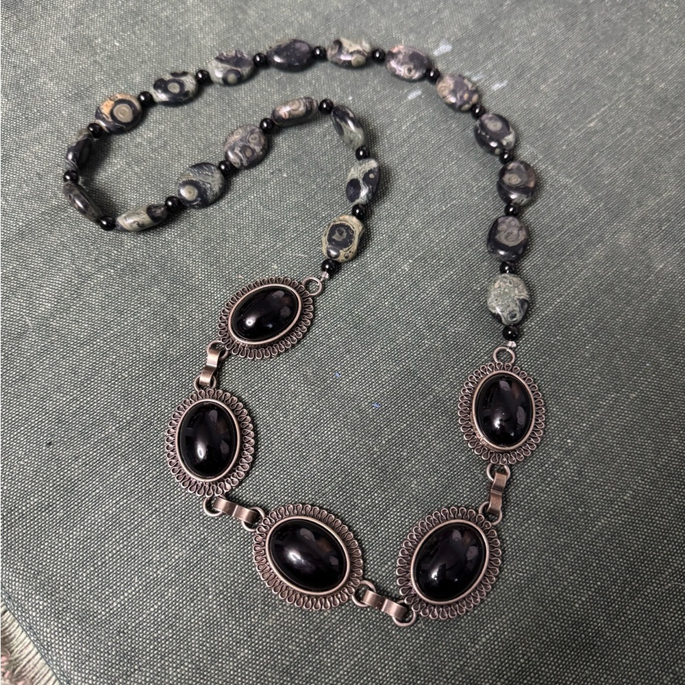 Handmade Natural Stone Kambaba Jasper Necklace w/ Black Cabochon Accents